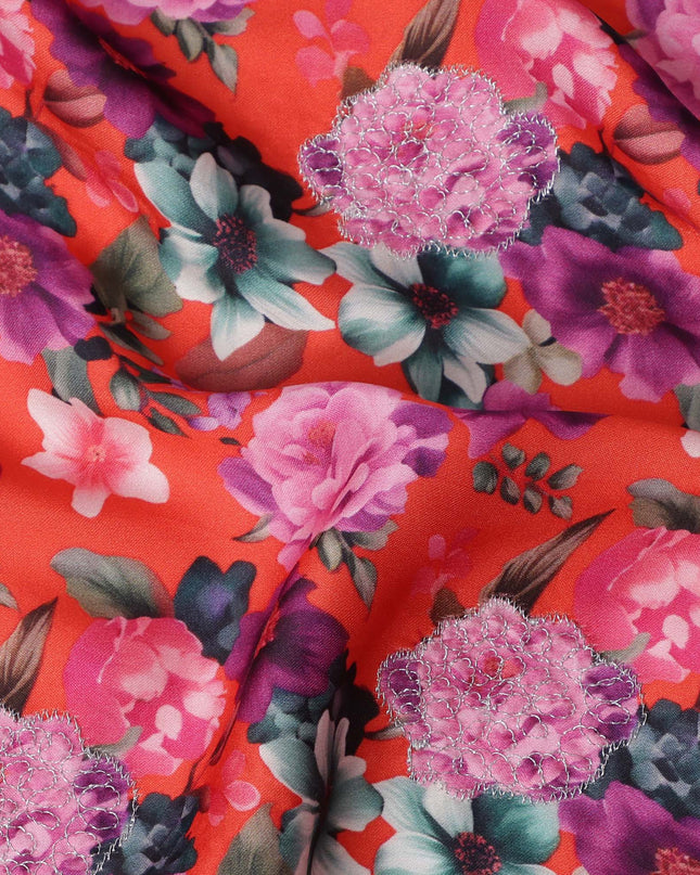 Red Multicolor Floral Printed Viscose Modal Satin Fabric, 110 Cms Width, India-D24812