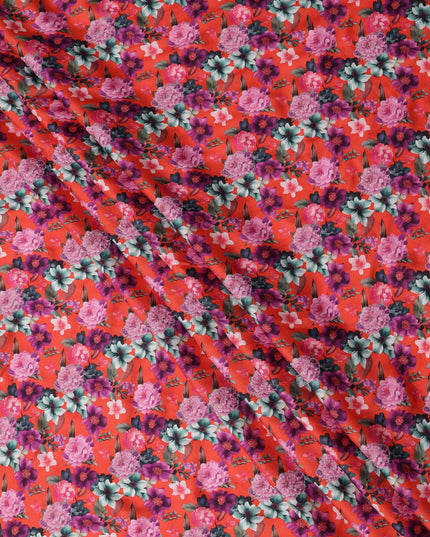 Red Multicolor Floral Printed Viscose Modal Satin Fabric, 110 Cms Width, India-D24812