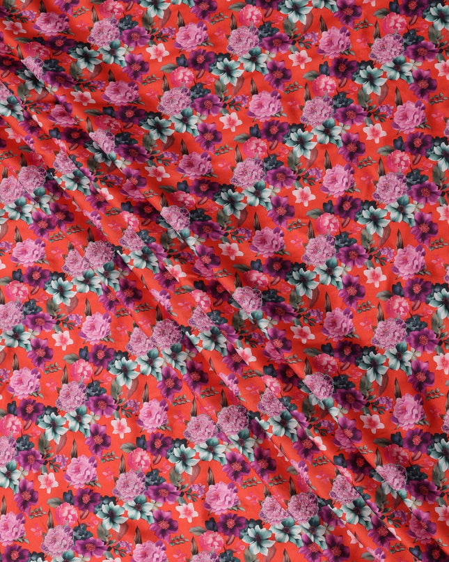 Red Multicolor Floral Printed Viscose Modal Satin Fabric, 110 Cms Width, India-D24812