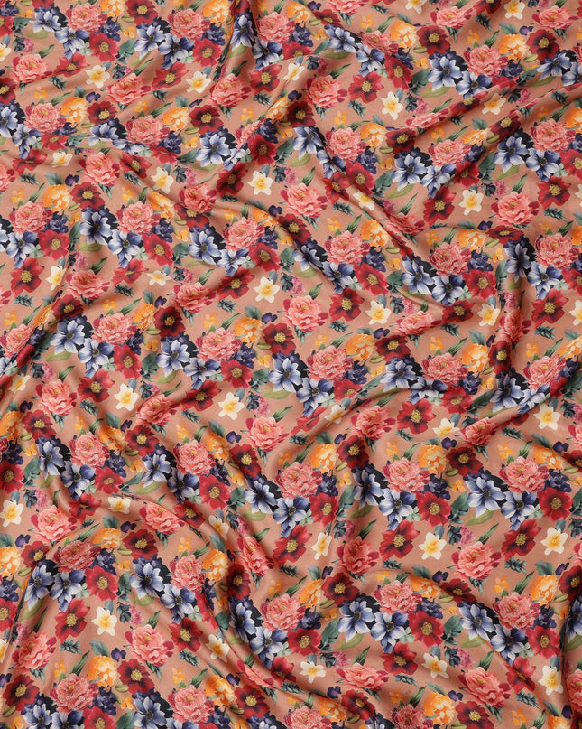 Peach Multicolor Floral Printed Viscose Modal Satin Fabric, 110 Cms Width, India-D24808 Regal Fabrics