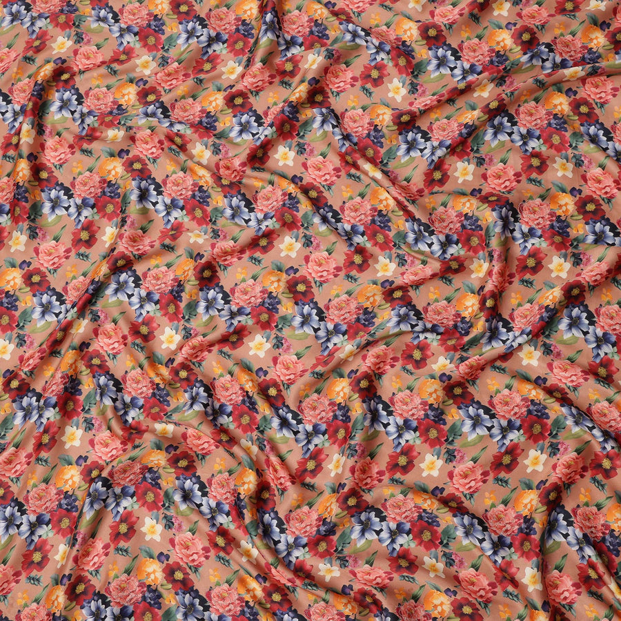 Peach Multicolor Floral Printed Viscose Modal Satin Fabric, 110 Cms Width, India-D24808