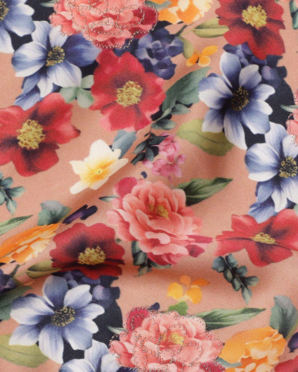 Peach Multicolor Floral Printed Viscose Modal Satin Fabric, 110 Cms Width, India-D24808