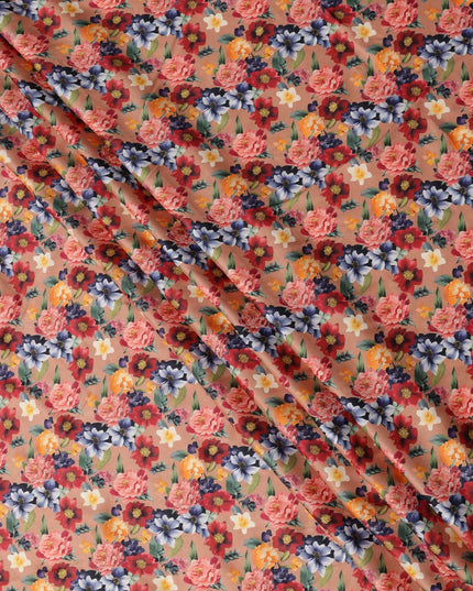 Peach Multicolor Floral Printed Viscose Modal Satin Fabric, 110 Cms Width, India-D24808
