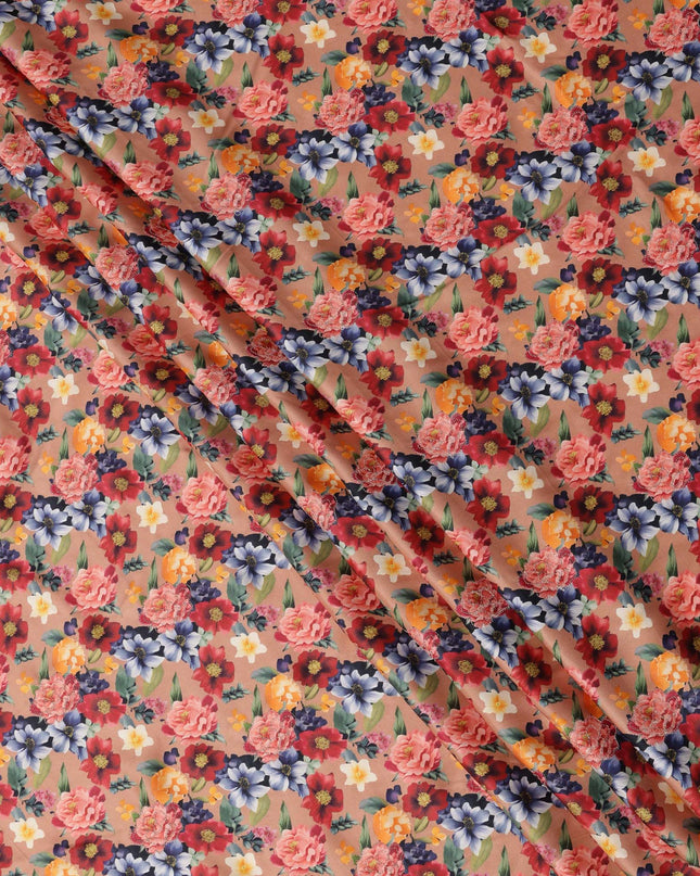 Peach Multicolor Floral Printed Viscose Modal Satin Fabric, 110 Cms Width, India-D24808 Regal Fabrics