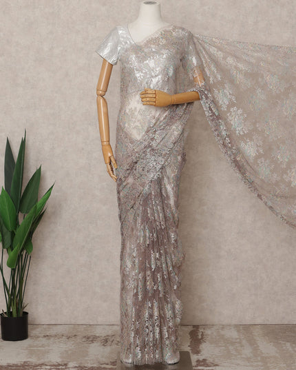 Iridescent Beige Premium French Metallic Chantilly Lace Saree Fabric – 5.5 Meters Length, 110 Cms Width, Imported from France-D25710