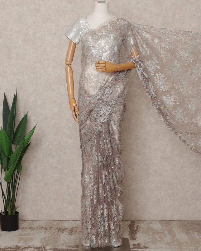 Iridescent Beige Premium French Metallic Chantilly Lace Saree Fabric – 5.5 Meters Length, 110 Cms Width, Imported from France-D25710