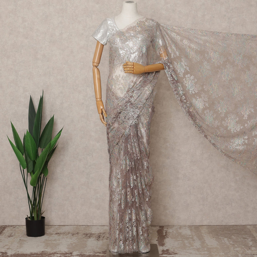 Iridescent Beige Premium French Metallic Chantilly Lace Saree Fabric – 5.5 Meters Length, 110 Cms Width, Imported from France-D25710