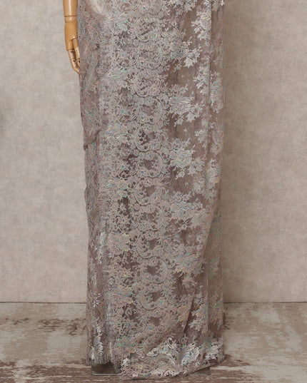 Iridescent Beige Premium French Metallic Chantilly Lace Saree Fabric – 5.5 Meters Length, 110 Cms Width, Imported from France-D25710