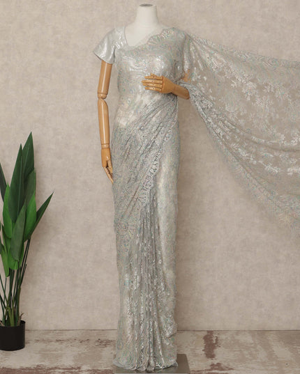 Silver Iridescent Premium French Metallic Chantilly Saree Lace 5.5 Mtrs Length 110 Cms Width Designer Net Fabric Made In France, Blouse Not Included-D28125