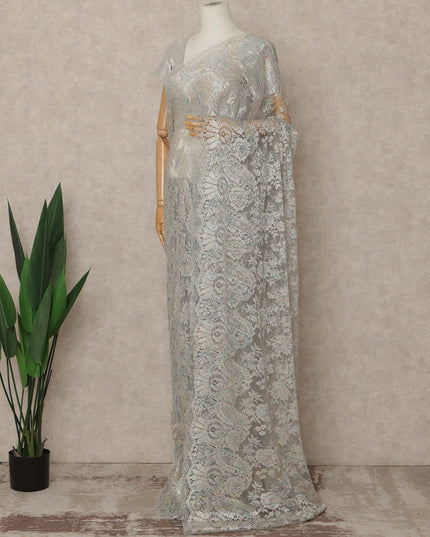 Silver Iridescent Premium French Metallic Chantilly Saree Lace 5.5 Mtrs Length 110 Cms Width Designer Net Fabric Made In France, Blouse Not Included-D28125