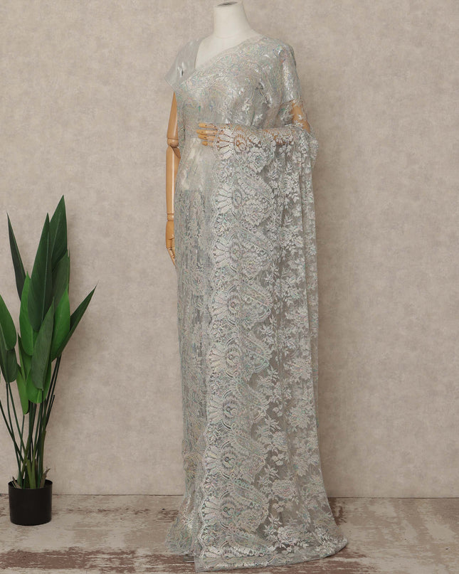 Silver Iridescent Premium French Metallic Chantilly Saree Lace 5.5 Mtrs Length 110 Cms Width Designer Net Fabric Made In France, Blouse Not Included-D28125