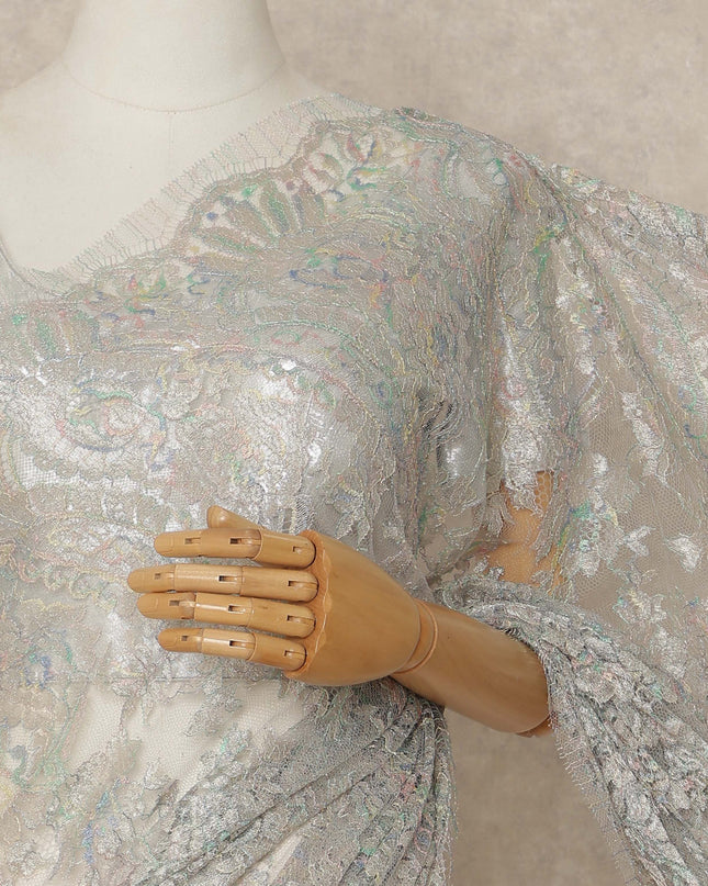 Silver Iridescent Premium French Metallic Chantilly Saree Lace 5.5 Mtrs Length 110 Cms Width Designer Net Fabric Made In France, Blouse Not Included-D28125