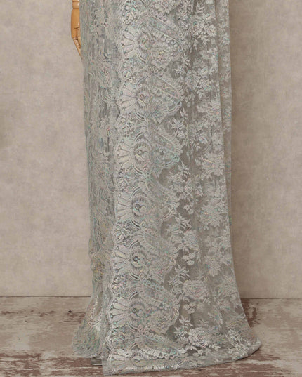 Silver Iridescent Premium French Metallic Chantilly Saree Lace 5.5 Mtrs Length 110 Cms Width Designer Net Fabric Made In France, Blouse Not Included-D28125