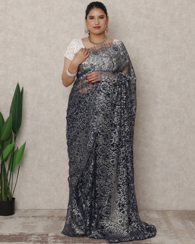 Navy Silver Premium French Metallic Chantilly Saree Lace, 5.5 Mtrs Length, 110 Cms Width, Made in France-D24439 - Regal Fabrics