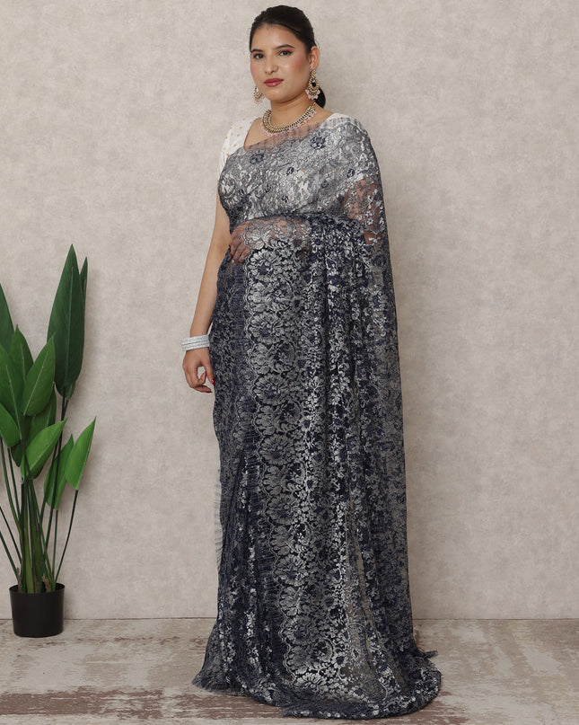 Navy Silver Premium French Metallic Chantilly Saree Lace, 5.5 Mtrs Length, 110 Cms Width, Made in France-D24439 - Regal Fabrics