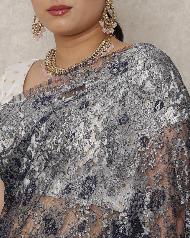 Navy Silver Premium French Metallic Chantilly Saree Lace, 5.5 Mtrs Length, 110 Cms Width, Made in France-D24439 - Regal Fabrics