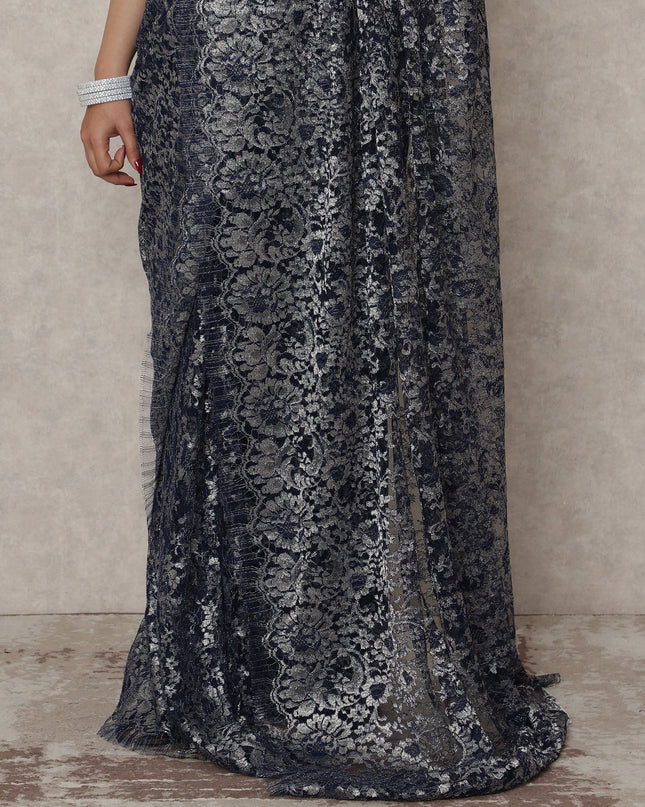 Navy Silver Premium French Metallic Chantilly Saree Lace, 5.5 Mtrs Length, 110 Cms Width, Made in France-D24439 - Regal Fabrics