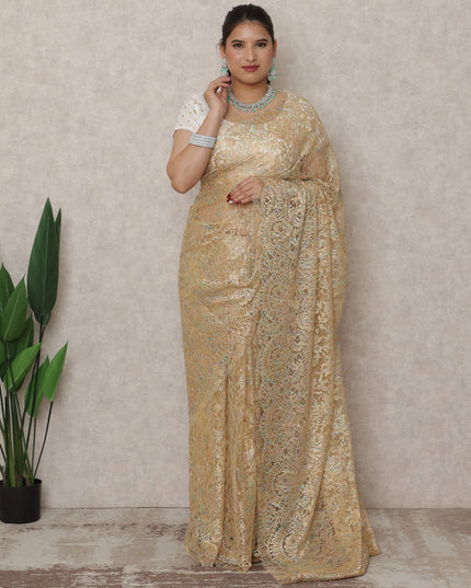 Golden Beige Premium French Metallic Chantilly Saree Lace, 5.5 Mtrs Length, 110 Cms Width, Made in France-D24442