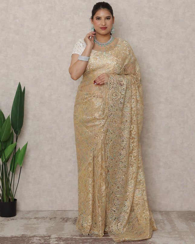 Golden Beige Premium French Metallic Chantilly Saree Lace, 5.5 Mtrs Length, 110 Cms Width, Made in France-D24442