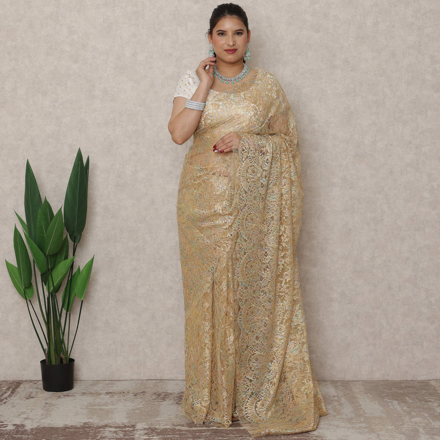 Golden Beige Premium French Metallic Chantilly Saree Lace, 5.5 Mtrs Length, 110 Cms Width, Made in France-D24442