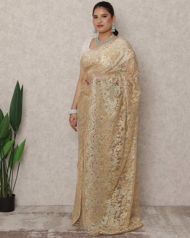 Golden Beige Premium French Metallic Chantilly Saree Lace, 5.5 Mtrs Length, 110 Cms Width, Made in France-D24442