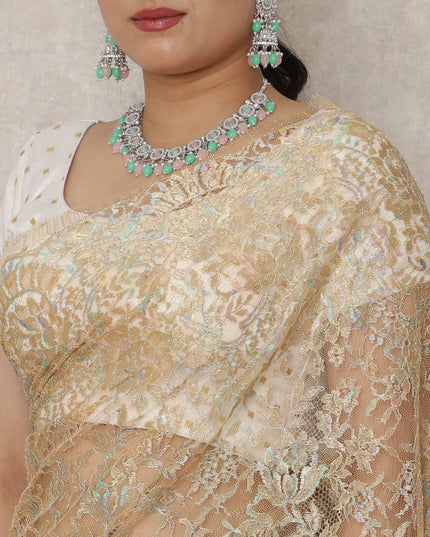 Golden Beige Premium French Metallic Chantilly Saree Lace, 5.5 Mtrs Length, 110 Cms Width, Made in France-D24442