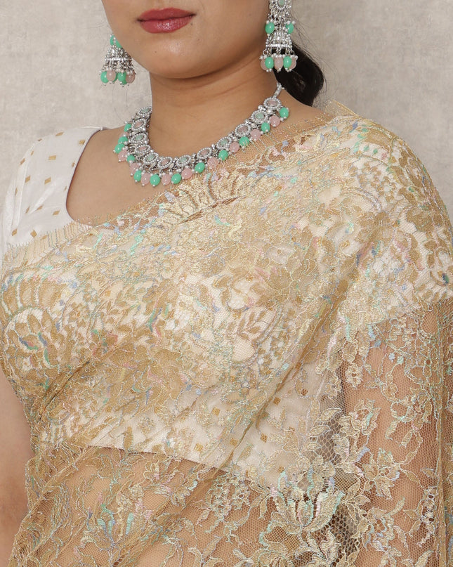 Golden Beige Premium French Metallic Chantilly Saree Lace, 5.5 Mtrs Length, 110 Cms Width, Made in France-D24442