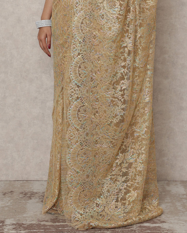 Golden Beige Premium French Metallic Chantilly Saree Lace, 5.5 Mtrs Length, 110 Cms Width, Made in France-D24442