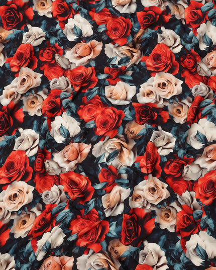 Multicolor Rose Floral Print on Premium Pure Italian Silk Satin Fabric, 140 Cms Width, Italy-D24769