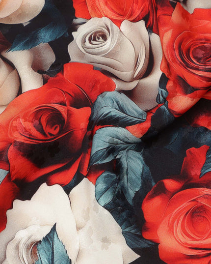 Multicolor Rose Floral Print on Premium Pure Italian Silk Satin Fabric, 140 Cms Width, Italy-D24769