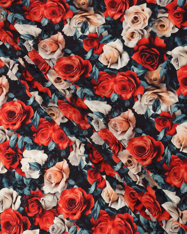 Multicolor Rose Floral Print on Premium Pure Italian Silk Satin Fabric, 140 Cms Width, Italy-D24769