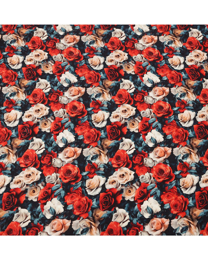 Multicolor Rose Floral Print on Premium Pure Italian Silk Satin Fabric, 140 Cms Width, Italy-D24769