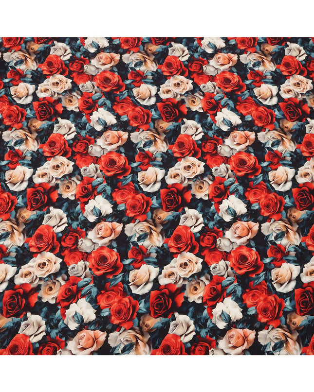 Multicolor Rose Floral Print on Premium Pure Italian Silk Satin Fabric, 140 Cms Width, Italy-D24769
