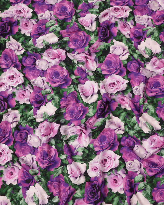 Purple and Pink Rose Floral Print on Premium Pure Italian Silk Satin Fabric, 140 Cms Width, Italy-D24773