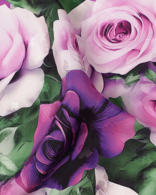 Purple and Pink Rose Floral Print on Premium Pure Italian Silk Satin Fabric, 140 Cms Width, Italy-D24773