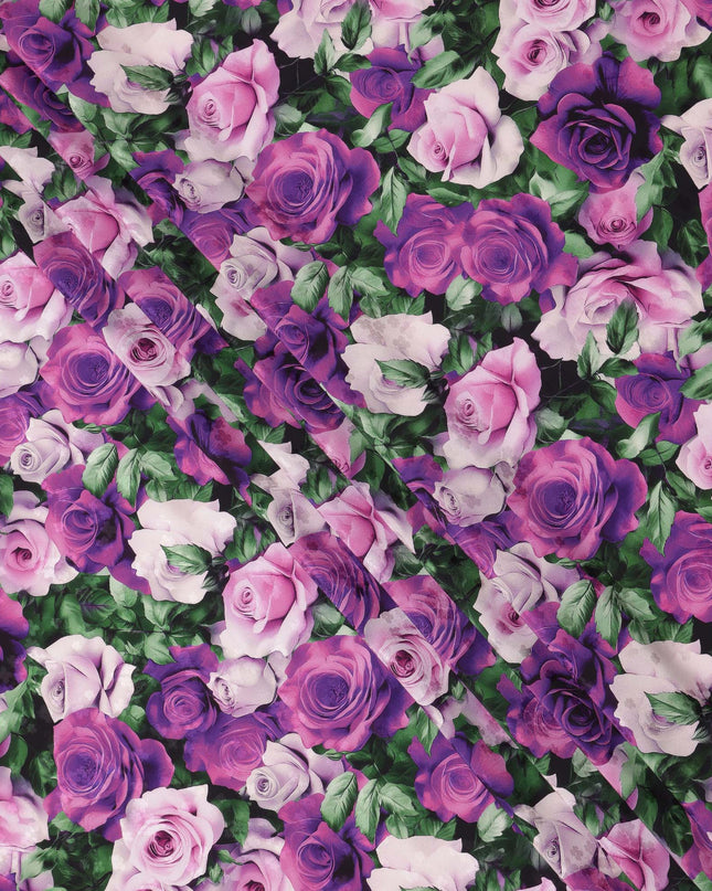 Purple and Pink Rose Floral Print on Premium Pure Italian Silk Satin Fabric, 140 Cms Width, Italy-D24773