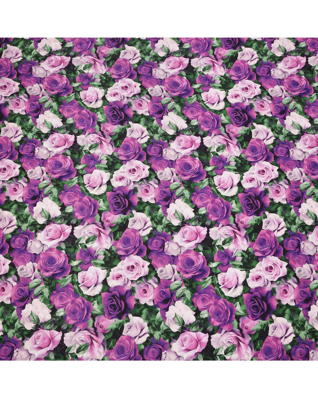 Purple and Pink Rose Floral Print on Premium Pure Italian Silk Satin Fabric, 140 Cms Width, Italy-D24773