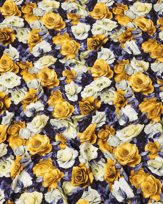 Yellow and White Rose Floral Print on Premium Pure Italian Silk Satin Fabric, 140 Cms Width, Italy-D24774