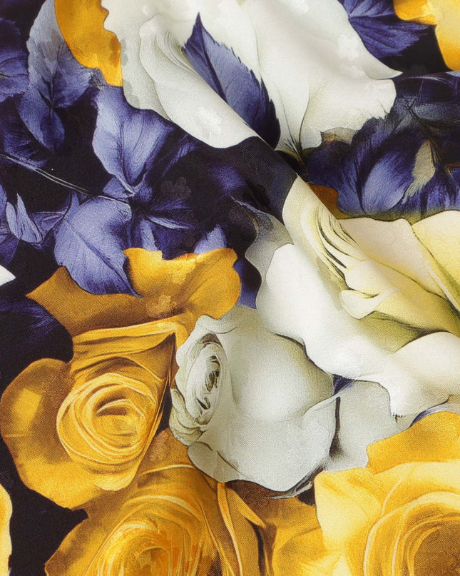 Yellow and White Rose Floral Print on Premium Pure Italian Silk Satin Fabric, 140 Cms Width, Italy-D24774