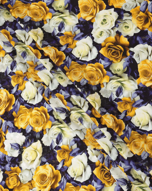 Yellow and White Rose Floral Print on Premium Pure Italian Silk Satin Fabric, 140 Cms Width, Italy-D24774