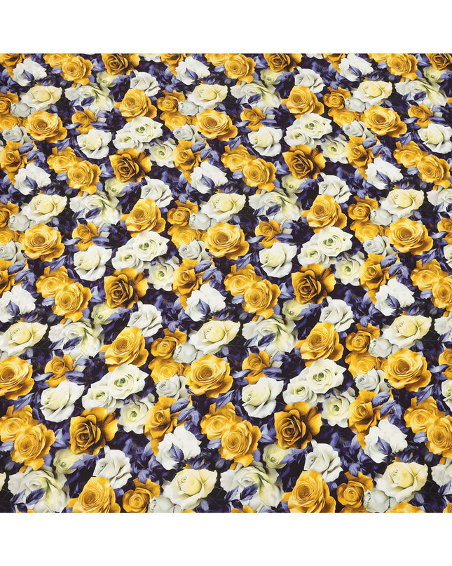 Yellow and White Rose Floral Print on Premium Pure Italian Silk Satin Fabric, 140 Cms Width, Italy-D24774