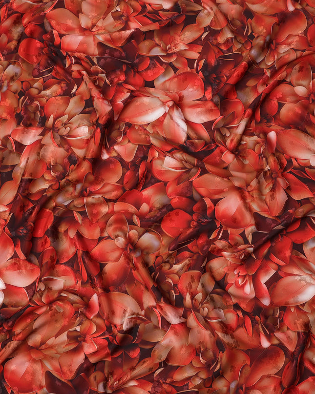 Red Floral Abstract Print on Premium Pure Italian Silk Satin Fabric, 140 Cms Width, Italy-D24770