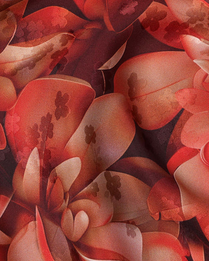 Red Floral Abstract Print on Premium Pure Italian Silk Satin Fabric, 140 Cms Width, Italy-D24770