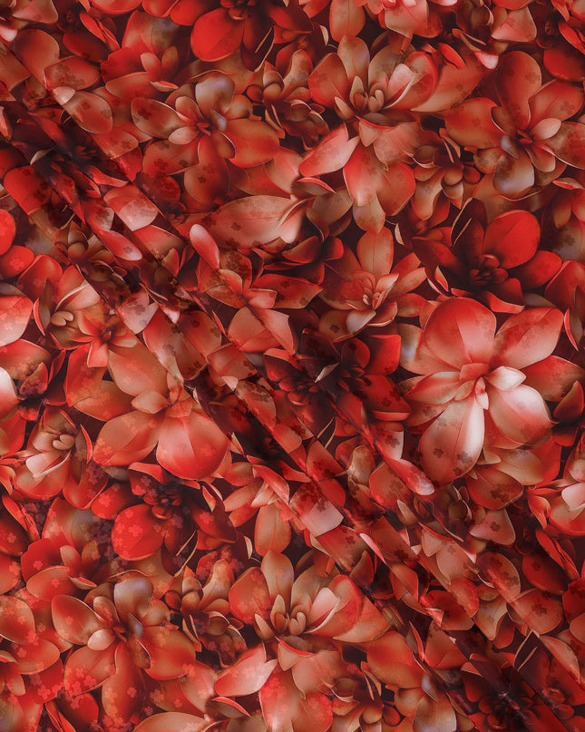 Red Floral Abstract Print on Premium Pure Italian Silk Satin Fabric, 140 Cms Width, Italy-D24770