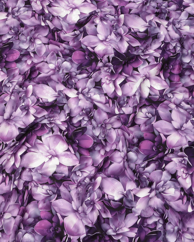 Purple Floral Abstract Print on Premium Pure Italian Silk Satin Fabric, 140 Cms Width, Italy-D24772