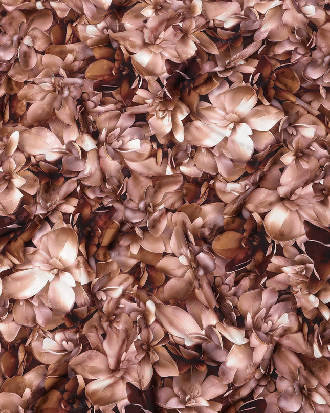 Brown Floral Abstract Print on Premium Pure Italian Silk Satin Fabric, 140 Cms Width, Italy-D24771