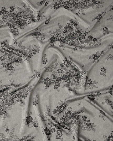 Grey Pure Silk Satin Fabric with Floral Metallic Design, 140 Cms Width, South Korea-D25349