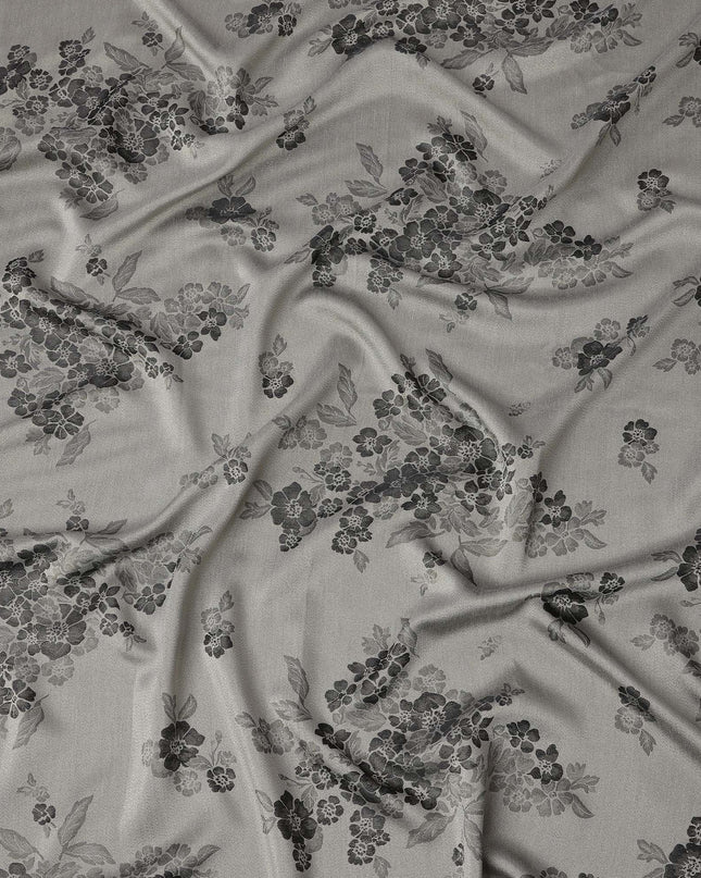 Grey Pure Silk Satin Fabric with Floral Metallic Design, 140 Cms Width, South Korea-D25349