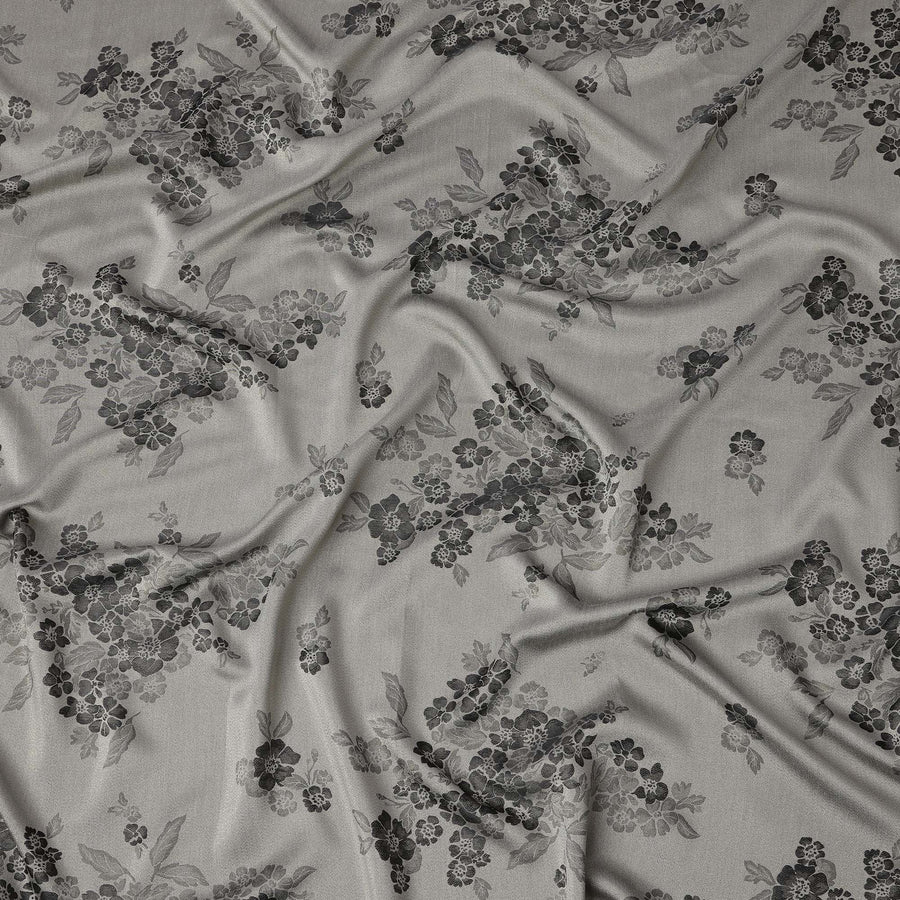 Grey Pure Silk Satin Fabric with Floral Metallic Design, 140 Cms Width, South Korea-D25349