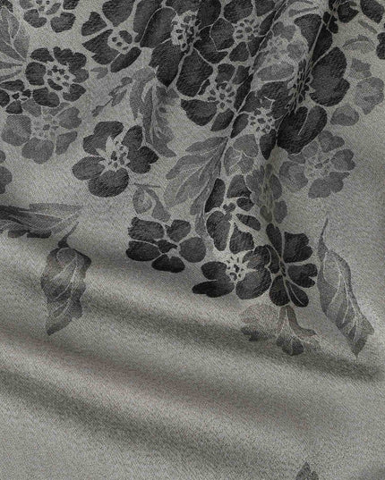 Grey Pure Silk Satin Fabric with Floral Metallic Design, 140 Cms Width, South Korea-D25349
